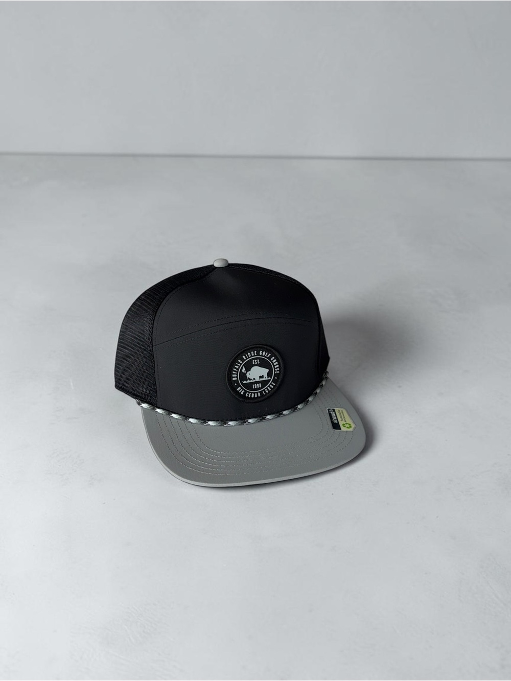 Men's Black and Gray Trucker Hat with Badge
